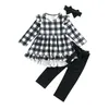 3Pcs Little Girls Outfit Sweet Style Plaid/Solid Lace Splicing Wide Hem Long Sleeve Round Collar Tops + Pants + Headwear 1-6T