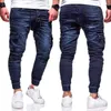 Jeans för män denim byxa med fickor moto biker jeans smal passform spets upp elastiska midja jeans casual streetwear byxor x0621