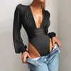 Женщины Sexy Deep V-шеи Plange Vneck епископ с длинным рукавом боди тонкий плиссированный купальник комбинезон топы клубные костюмы тела 210622