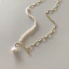 Korean Vintage Natural Freshwater Pearl Necklaces for Women Gold Color Link Chain Asymmetric Toggle Clasp Circle Choker Necklace