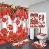 Rideaux de douche 4 pcs imprimer des fleurs de rose rideau étanche en polyester salle de bain rouge set tapis de bain # t2g