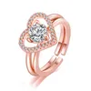 Rose gold 2in1 Cubic Zirconia Ring Band Combination Splicing Open Adjustable Hollow Heart Rings Stacking Women Girls engagement wed Fashion Jewelry Will and Sandy
