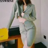 women limited edition green pocket short suit flight attendant zipper textured skirt set Retro sexy skirts 210520