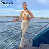 Yiallen sexig ihålig ut bandage camisole byxor två styck set kvinnor 2021 sommar fest semester strand solid ribb sticka kostym damen y0625