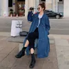 Kvinnors trenchrockar Kvinnor Brand Elegant Long Women Denim Coat Double Breasted With Belt Lady Duster Female Cloak Spring Autumn