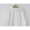 フリルブラウスシャツの女性ボタンプレッピースタイルピーターパンコラブラウスレディース長袖ホワイトウーマン衣服ケミスフェムT200720