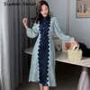 Frau Kleid Frühling Blau Patchwork Lange Laterne Hülse Chic Vintage Kleid Weibliche Einreiher Vestidos 210603