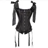 Kvinnor Satin Steel Bones Corset Wide Ribbons Self-Tie Bows Axelband Sexiga gotiska midjetränare med hängslen Kvinnor White Bridal Corselet Lingerie Black S-XXL