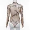 Zomer Sexy Letter Print Transparent Mesh Bodysuits Lange Mouw Doorzichtige Baby Bodycon Rompertjes Dames Jumpsuits 210607