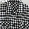 Zevity Kobiety Vintage Kieszenie Patch Houndstooth Print Casual Krótka Koszula Płaszcz Femme Streetwear Znosić Chic Kurtka Topy CT616 210603