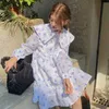 Chic Koreański Słodki Luźny Kwiatowy Druku Peter Pan Collar Dress Kobiety Mini Puff Długi Rękaw Doll Retro Vestido de Mujer Cienkie lato 210610