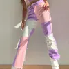 Ciepłe hip-hop punkowe spodnie wysokiej talii spodnie jesień zima ulica dżinsy nosić spodnie kontrast patchwork kobiet ciasne pet tr