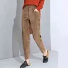 Lucykever jesień zima casual ciepłe spodnie elegancki sztruks harem kobieta vintage brązowy przycisk wysoki talii spodnie 211124