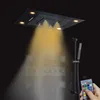 Soffione doccia a pioggia nero opaco da 24 x 31 pollici con getti spray per massaggio corpo in ottone palmare Bagno termostatico a cascata Sistema doccia a LED