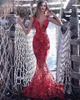 Sexig röd sjöjungfrun prom klänningar v neck spets applique sopa tåg kvällsklänning strand formell fest klänning för brudtärna robes de soirée