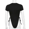 Letter Print Ribbed Side Hollow Out Lace-Up Sexy black Bodysuit Women Short Sleeve High Waist White Bodies Top Femme Streetwear 210510