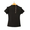 Elegant Women Solid Color T-Shirts Single-Breasted Design Half High Collar Ruffle Decor Short Sleeve Summer Slim Pullover Tshirt 210526