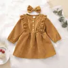40# Dress For Kids Girls Infant Children Girls Long-sleeved Buckle Frill Corduroy Dress Princess Dress Kids Clothes Girls Q0716