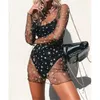 Abiti casual Abito da donna Moda Boho Festival Mesh Trasparente Vedi anche se manica lunga nera Cover Up Mini Ladies