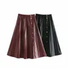 Women Faux Leather Pleated Skirt Fashion Loose A-line s Female Autumn Winter Elegant Office Lady Midi 210515