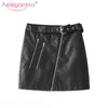 Aelegantmis Elegant Office Lady Zipper Pu Leather Skirt Women Summer Casual High Waist A-line with Belt Mini Short 210607