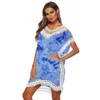 Women's Fashion Tie Dyeing Hand Hook Stitching V-Neck Blouse Beach Dress One Size X0521