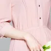 Automne coréen élégant o-cou rose décontracté robe longue femmes simple boutonnage taille élastique robes chic en mousseline de soie maxi 210514