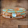 Charm Bracelets Jewelry Women Natural Opal Stone 3 Rows Leather Wrap Bracelet Fancy Femme Boho