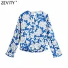 Zevity Kvinnor Vintage Blå Blommigt Utskriftssida Pläterad Smock Blus Kontor Ladies Flare Sleeve T-shirts Chic Blusas Tops LS7707 210603