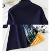 High Collar Knit Patchwork Sweater Dress Women Autumn Winter Vintage A-Line Knitted Dress Elegant Sashes Party Dresses 210521