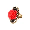 Rose rouge fleur feuilles cinabre bague femmes strass fleurs réglable bague saint valentin fiançailles bijoux cadeau