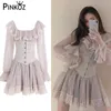 Vintage Ruffles Mesh A-Line Mini Dress Pink High Wasit Slim Långärmad Söt Gullig Young Lady Dresses For Party Lolita ZA 210421