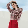 Moda mujer camisa conjunto otoño nicho houndstooth impresión coreana manga larga profesional top mujeres 210520