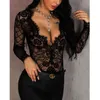 Indumenti da notte sexy a maniche lunghe da donna Lingerie in pizzo trasparente con scollo a V profondo da notte Tute da notte Set di reggiseni per costumi erotici155K