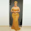 2022 Aso Ebi Glitzer Gold Meerjungfrau Ballkleider Transparente lange Ärmel Bling Pailletten Perlen Abendkleider Reißverschluss hinten formelles Partykleid Festzug tragen besondere Anlässe