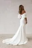 현대 인어 웨딩 드레스 이동식 슬리브와 신부 가운 짧은 소매 레이스 스판덱스 Strapless 스윕 트레일 로브 드 Mariage M48
