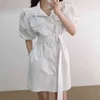 Nomikuma Fashion Elegant Woman Dress Puff Sleeve Turn-down Collar Dresses Korean Belt Slim Waist Single Breasted Vestidos 6H189 210427