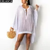 Sprzedaż odzież moda casual siatki See-przez Sukienka BeachWeear Osobowość Flare Rękaw Głębokie Vneck Surappy Koszula Lato 210515