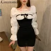 KIMUTOMO Spring Patchwork Mini Robes Mini Femmes Slash Col Cou Fake Two Piece Sleeve Taille haute taille A-Line Robe moulante 210521