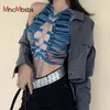 Sexy Hollow Out Lace Tie Up Crop Tank Tops Summer Women Patchwork Bandage Vest Blue Party Clubwear Outfits Streetwear Top 210517