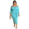 Casual Dresses Summer Fall Solid Plus Size Women Dress Slash Neck Long Sleeves Stretchy Mid Calf Bodycon For Party Nightclub212c