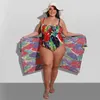 Plus Size Swimwear Set Women's Printed Sexy Chiffon Shawl Swim Suit Cover Up Beach Dress Oversize 5XL Female Backless Summer