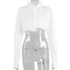 Женские блузки Рубашки Мода Нерегулярный карманный карманный элегантный короткая белая блузка для женщин Полный рукав Свободная урожайность 2021 Осень Корейский улица