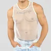 Herr t-shirts gym sexiga män tank väst toppar ärmlösa nät rena utkläder träning fisk netto ihåliga ut se genom sportiga cl3264