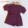 Bear Leader Girls Fashion Casual Jumpsuits Sommar Barn Baby Button Fly Kläder Solid Färg Puff Sleeve Bodysuits för 3-7y 210708