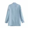Blue Office Wear Suit Blazer Kobiety Podwójne Pierśnione Długim Rękawem Płaszcz Notched Collar Solidne Kieszenie Casual Outwear Kurtka 210515