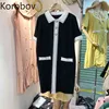 Korobov Vintage Hit Farbe Drehen-unten Kragen Taste Frauen Kleid Koreanische Casual Taschen Weibliche Kleider Neue Gestrickte Vestidos 210430