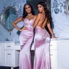 Pink Lace Appliqued Mermaid Bridesmaid Dresses Sexiga spaghettirand Pen Back Formal Evening Maid of Honor Gowns Sweep Train Aso Ebi Wedding G￤stkl￤nning Al9516