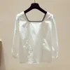 Sonbahar Kare Yaka Harajuku Gömlek Üstleri Gevşek Kore Beyaz Bluz Kadınlar Pamuk Keten Bluzlar Rahat Blusa 11942 210512