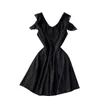 Koreaanse mode kant rand korte mouw dunne A-lijn jurk vrouwen zwart harajuku vestidos de mujer R263 210527